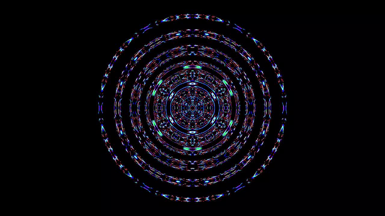 forma redonda animada de luces intermitentes multicolores, sobre un fondo negro