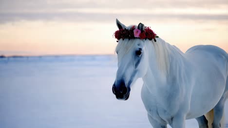 majestic white horse in snowy landscape