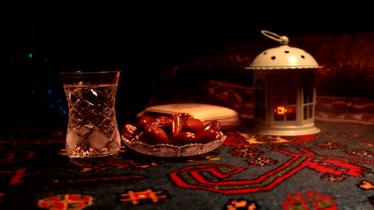 이프타르는 저녁 식사입니다. 장식의 슬라이더 뷰 라마단 카림 휴일 축제 축하 카드, 무슬림의 거룩한 달 라마단의 카림에 대한 초대. 어두운 배경. 선택적 초점