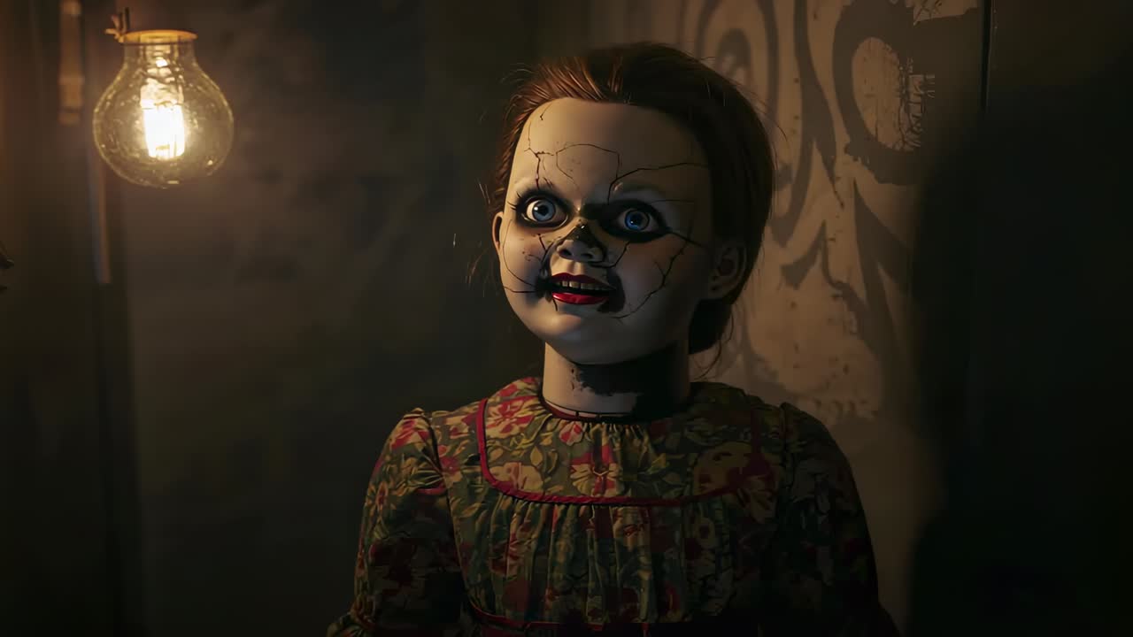 Pulling camera focusing on cracked porcelain doll in dim corner with floral dress, bulb, wallpaper