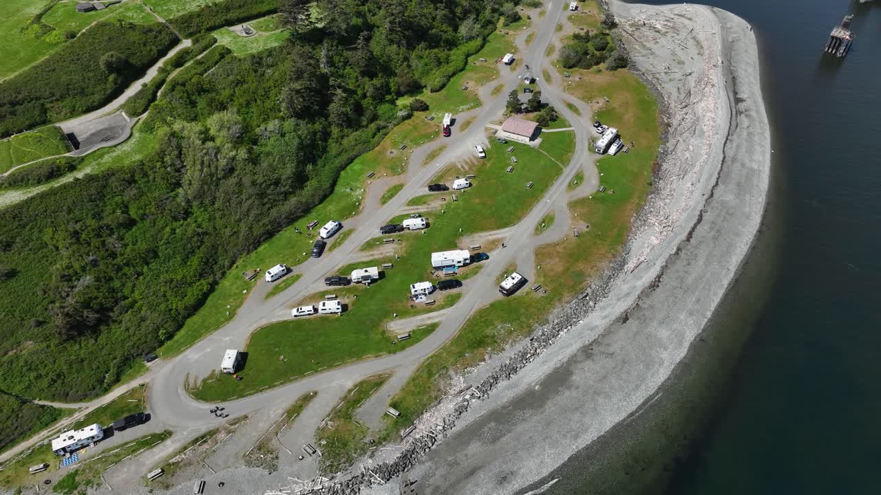 Drone shot of waterfront campsites in Washington State.