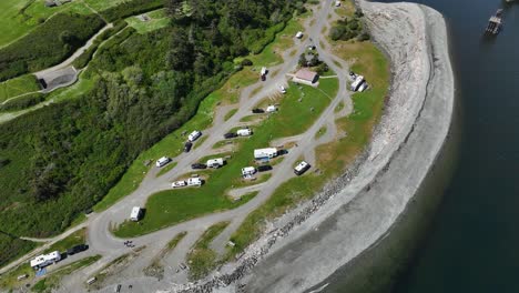 drone shot of waterfront campsites in washington state.
