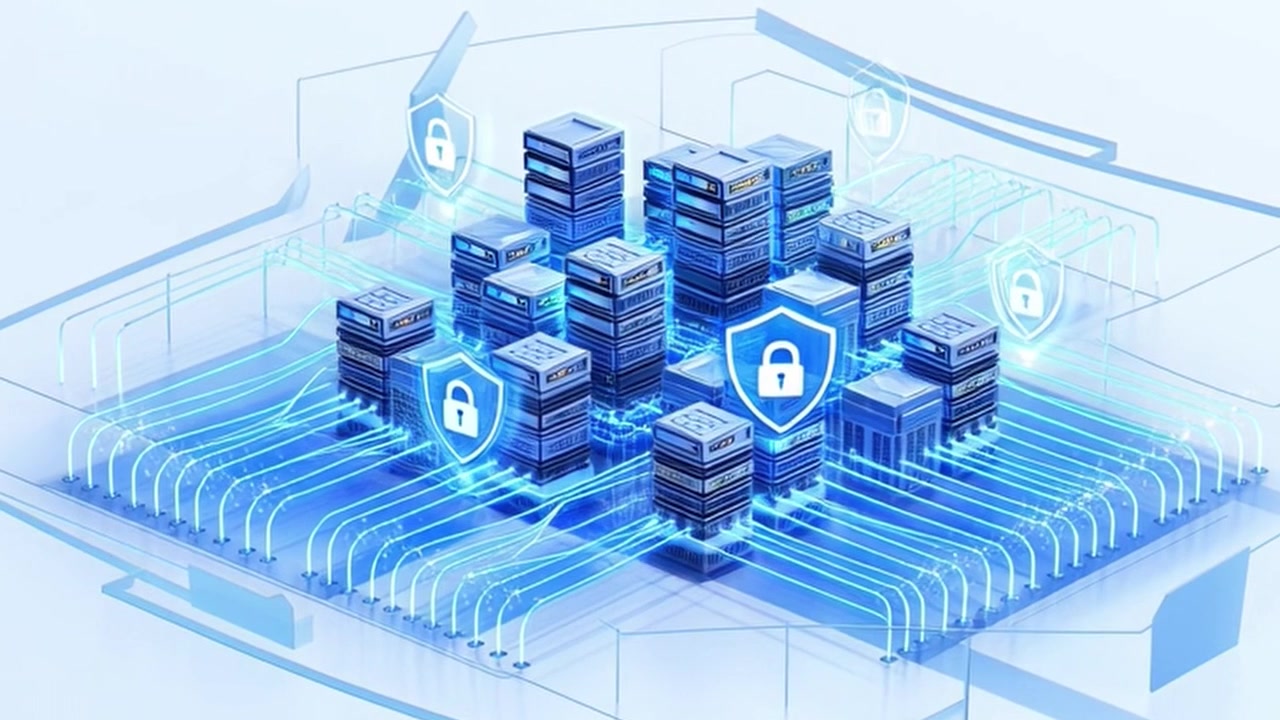 Digital Data Center Servers with Cybersecurity Shield Icons