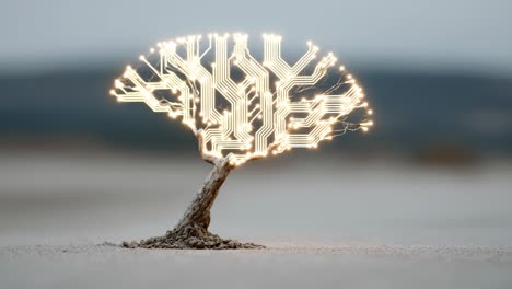light-up circuit tree design. a small tree made of illuminated circuits stands alone in a minimalistic landscape, blending nature with technology.