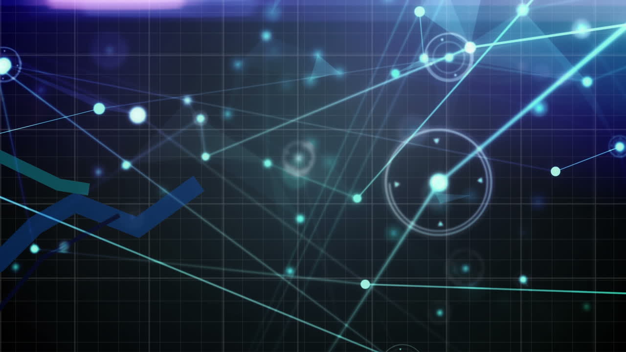 animación de la red de conexiones y gráficos sobre un fondo azul oscuro