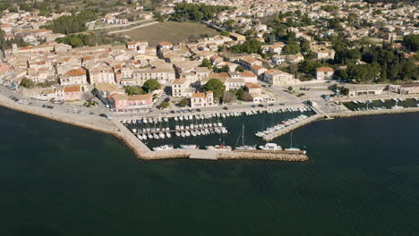 Close-to-large-aerial-view-over-Bouzigues-oyster-capital-sunny-day-sailing-port