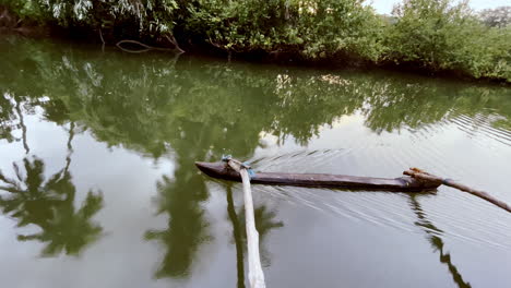 Holzruder-Schwimmend-Mit-Spiegelung-Von-Palmen-Im-Fluss-Saleri,-Goa,-Indien-4k