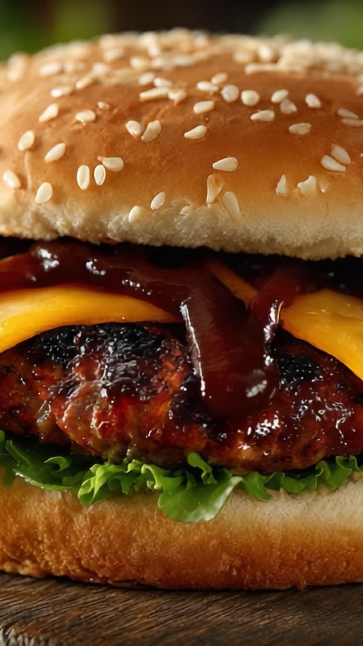 Primo piano appetitoso di un succoso hamburger con formaggio fuso, lattuga croccante e gustosa salsa barbecue racchiusi in un panino tostato ai semi di sesamo