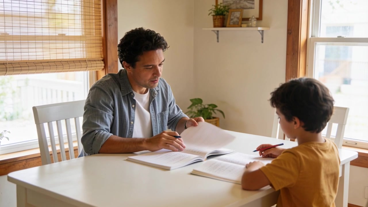 Workbooks opening starting father guiding son through math homework at dining table, with pencils