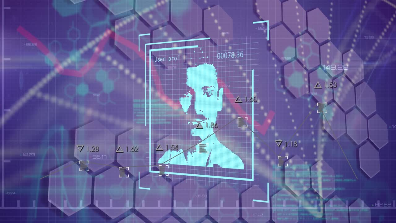 animación del procesamiento de datos y foto biométrica sobre un fondo oscuro.