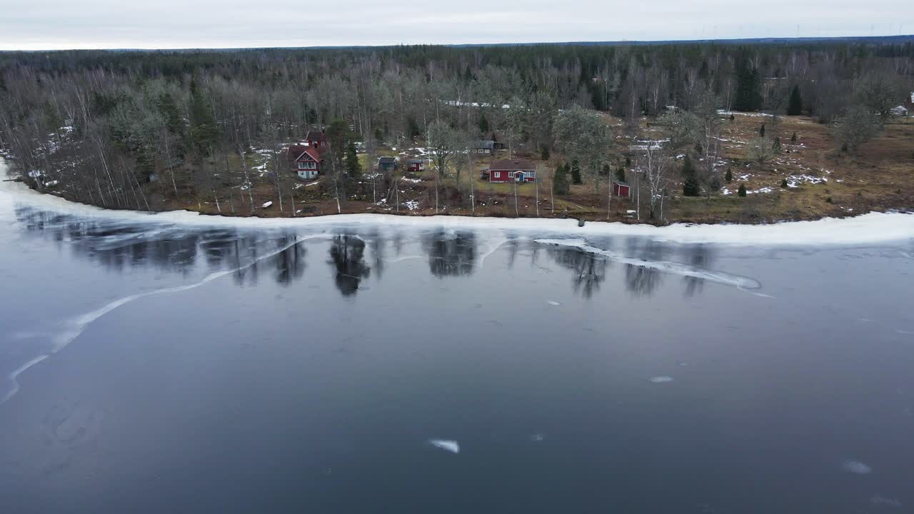 Aerial of beautiful and expensive Swedish homes at the edge of a frozen lake in rural Sweden