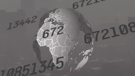 animation of changing numbers and rotating globe over aerial view of modern city against sky