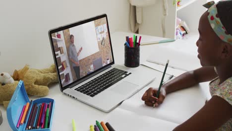 African-american-girl-having-a-video-call-on-laptop-while-doing-homework-at-home