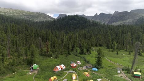 aerial view of a campsite in the mountains