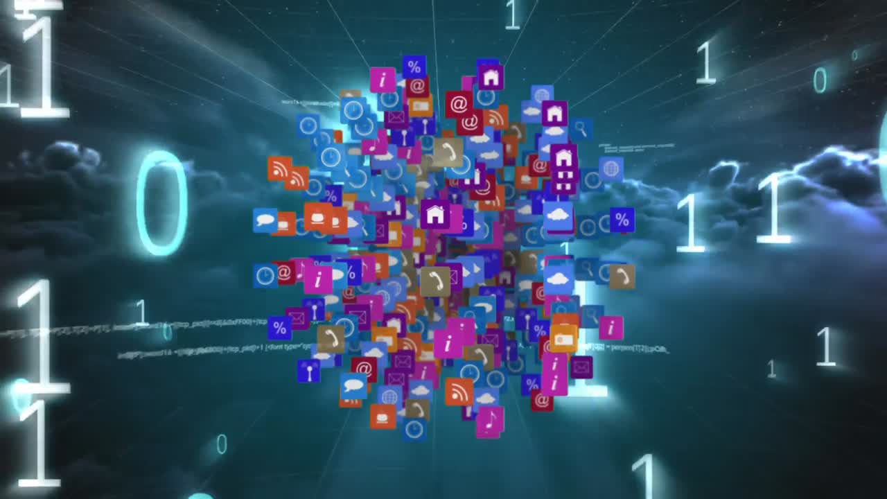 Internet icons and symbols on a sky with binary codes