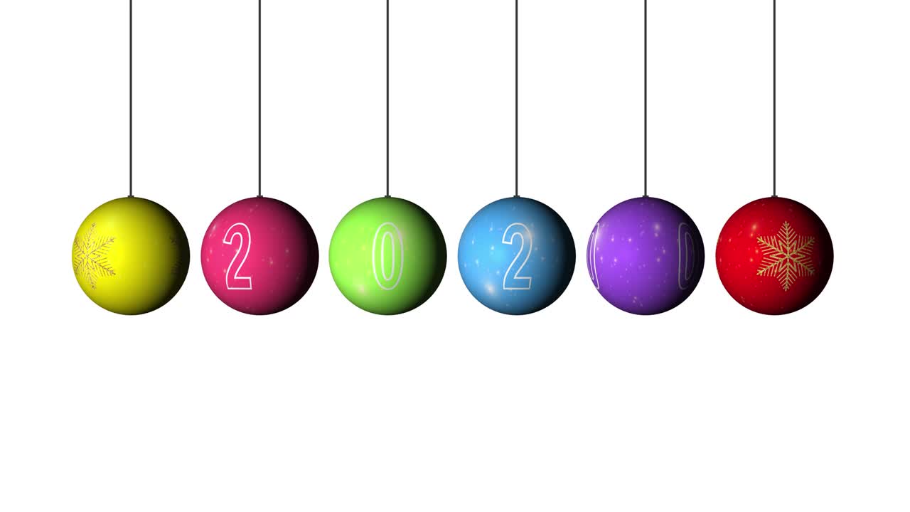 configuración de animación realista de la navidad y el año nuevo bolas multicolores con un copo de nieve dorado y texto 2020. decoración giratoria en fondo blanco. feliz navidad y un feliz año nuevo!