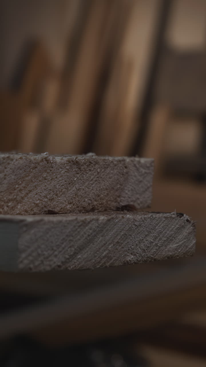 Dimly Lit Stacked Boards On Wooden Rack, Warm Cinematic Shadows And Deep Contrast, Grain And Aged. Media