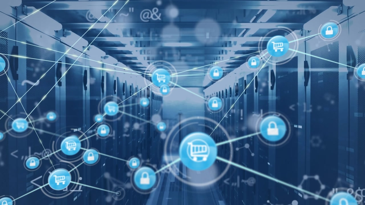 Animation of network of connections with digital icons over computer servers