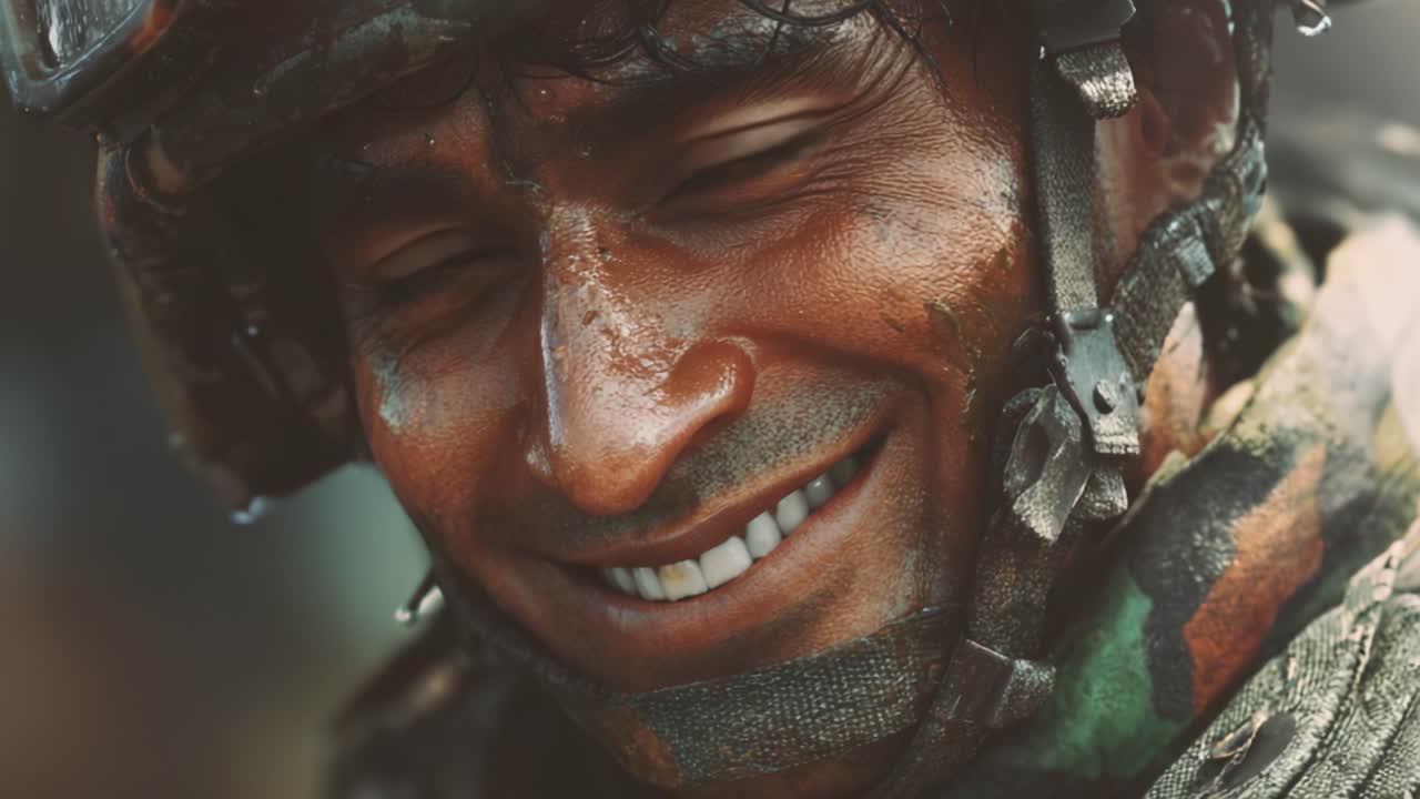 A Grinning Soldier's Resilience: Capturing the Spirit of Determination and Camaraderie in the Face of Adversity and Challenges