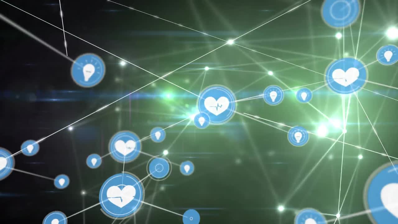 animación de la red de conexiones con iconos sobre luces de guante sobre fondo negro