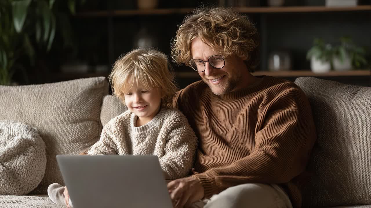 Un Momento Commovente: Padre e Figlio che Trascorrono Tempo di Qualità Insieme Svolgendo un'Attività Divertente su un Laptop a Casa