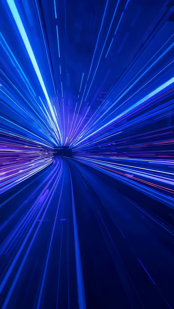 Video verticale: Telecamera che si muove in un tunnel a LED, strisce che formano scie verso l'apertura mostrando movimento.