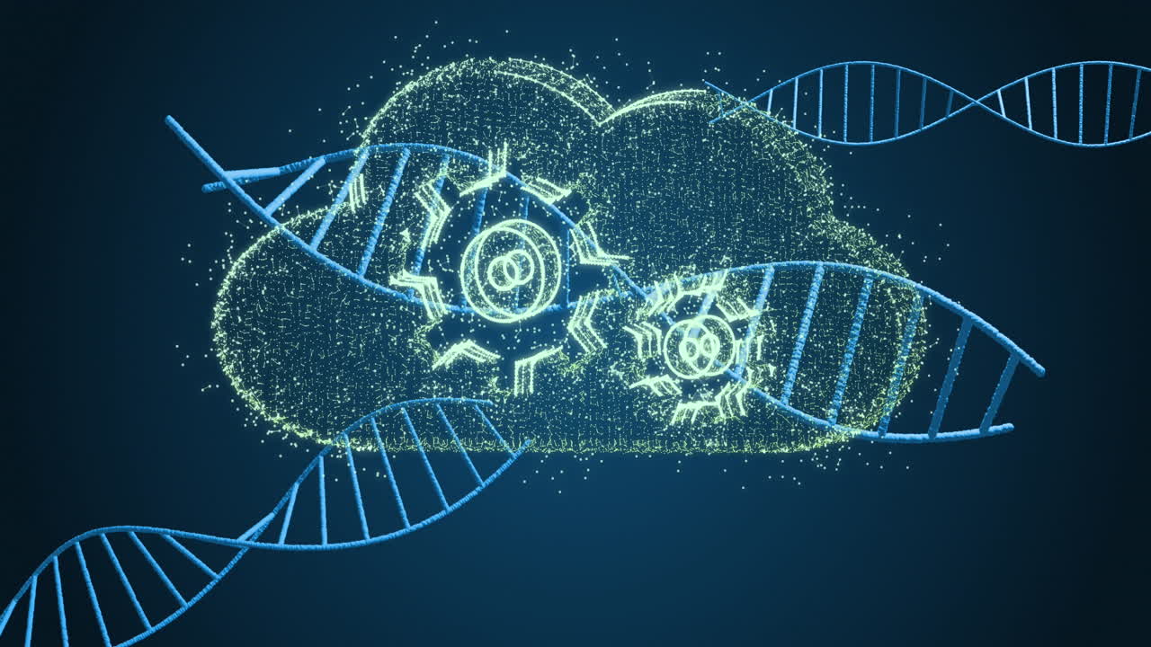 Animation of dna strand, cogs and cloud on dark background