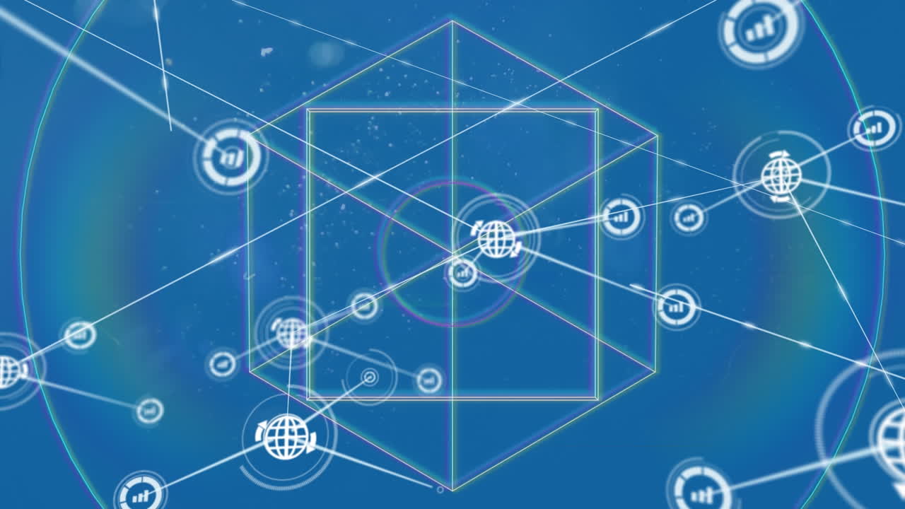 파란색 배경의 모양 위에 아이콘을 가진 연결 네트워크의 애니메이션