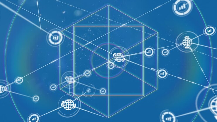 Animation of network of connections with icons over shapes on blue background
