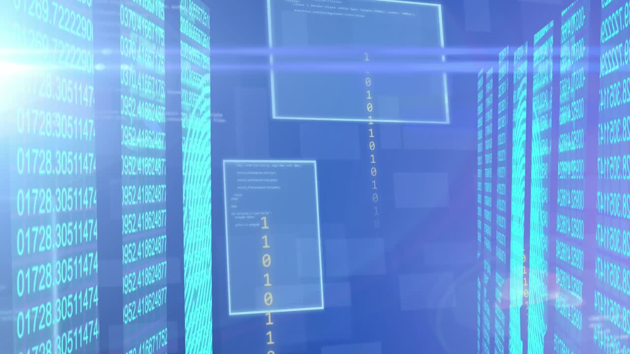 Animation of data processing and circuit board over computer servers