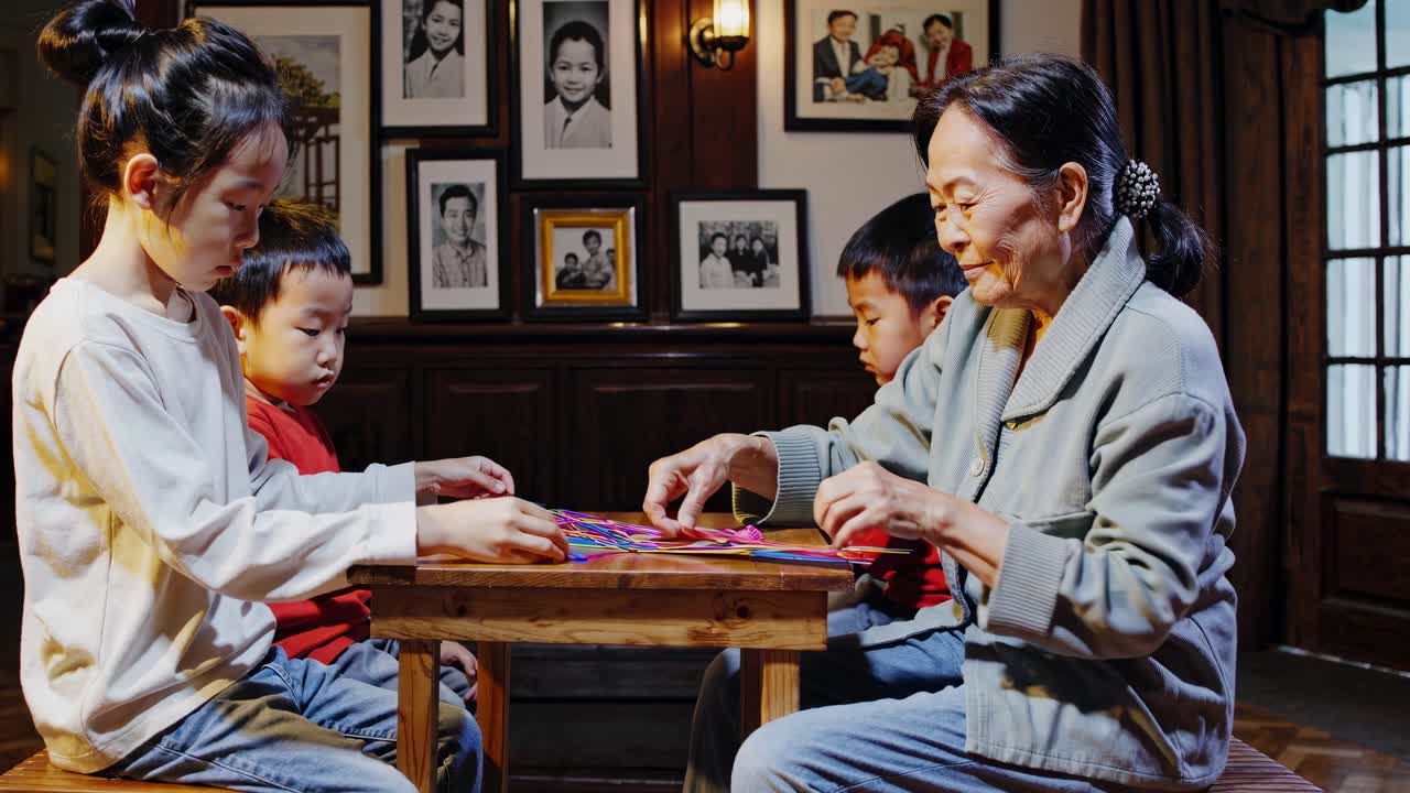 A warm, low-angle video still of a grandmother and children crafting at a wooden table