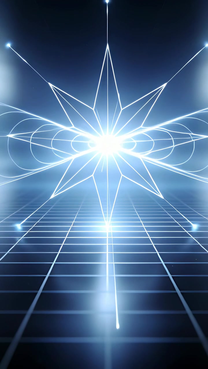 Vertical video: Glowing 8-point neon star sparking looping light arcs above shiny grid, with shaft