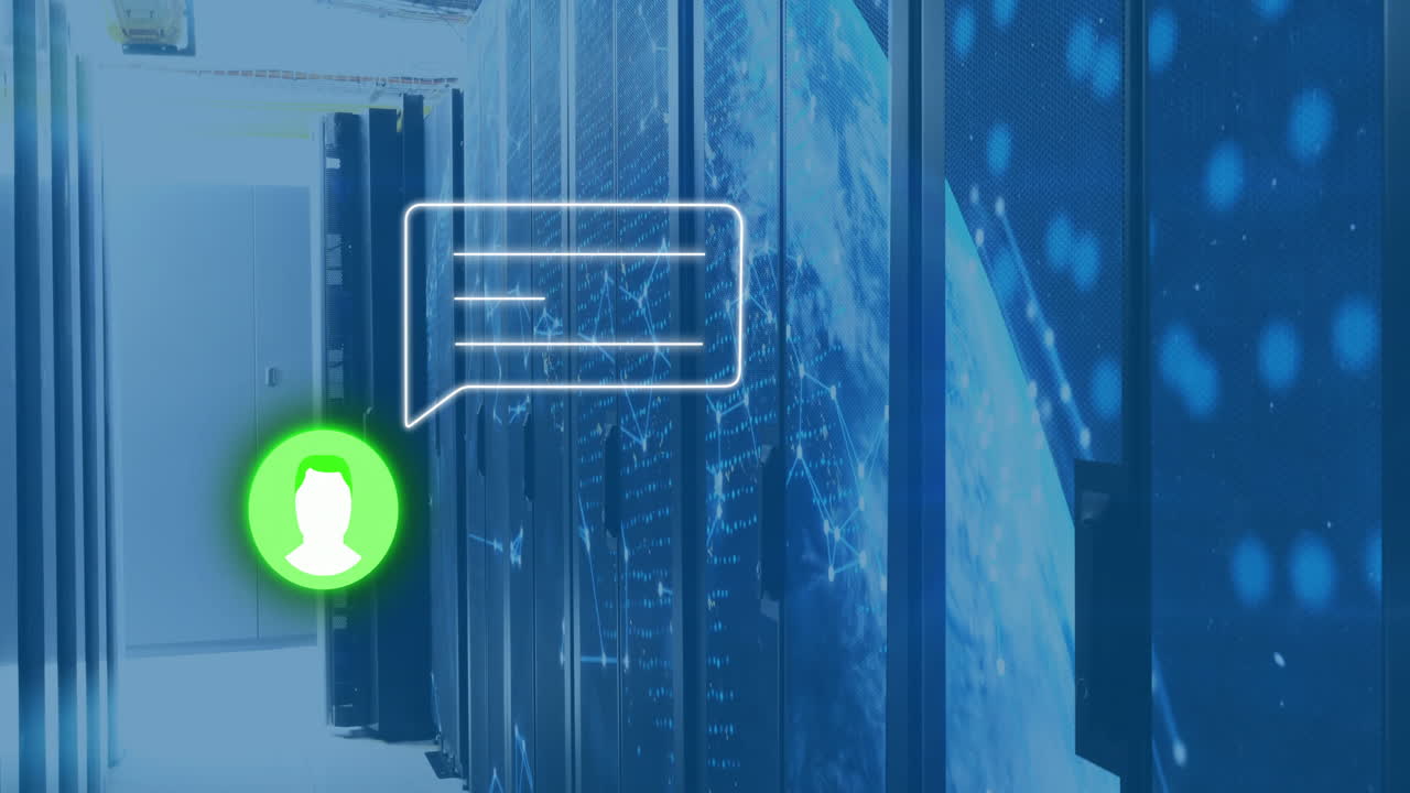 Animation of digital communication icon over servers in data center environment