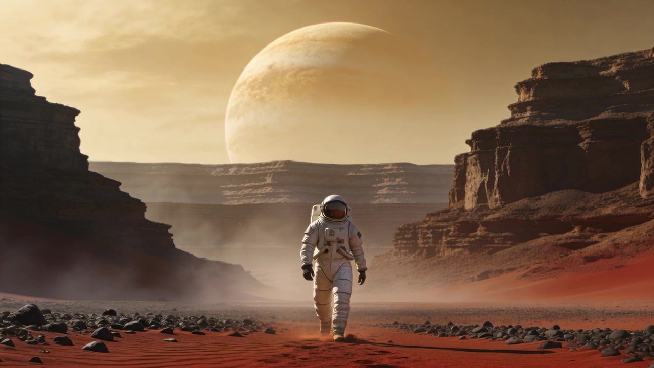 Astronauta che cammina in tuta bianca si avvicina alla telecamera mentre le inquadrature attraversano un canyon rosso, con lo zaino.