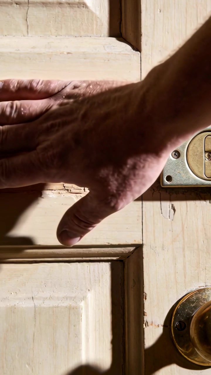 Video verticale: Luce del sole che illumina un graffio, mano destra nuda che tocca il danno sulla porta di casa vicino alla maniglia di ottone.
