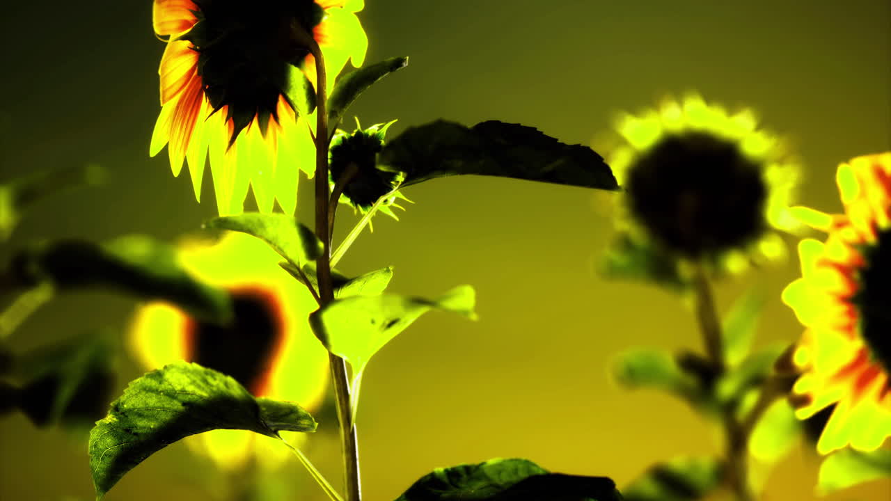 Sunflowers glowing in sunset light among green leaves in a garden