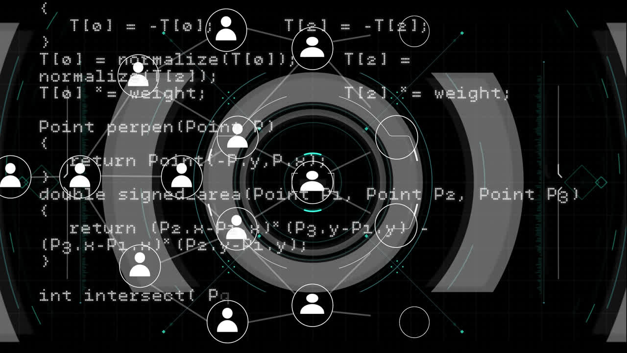 Animation of network of digital people icons and data processing