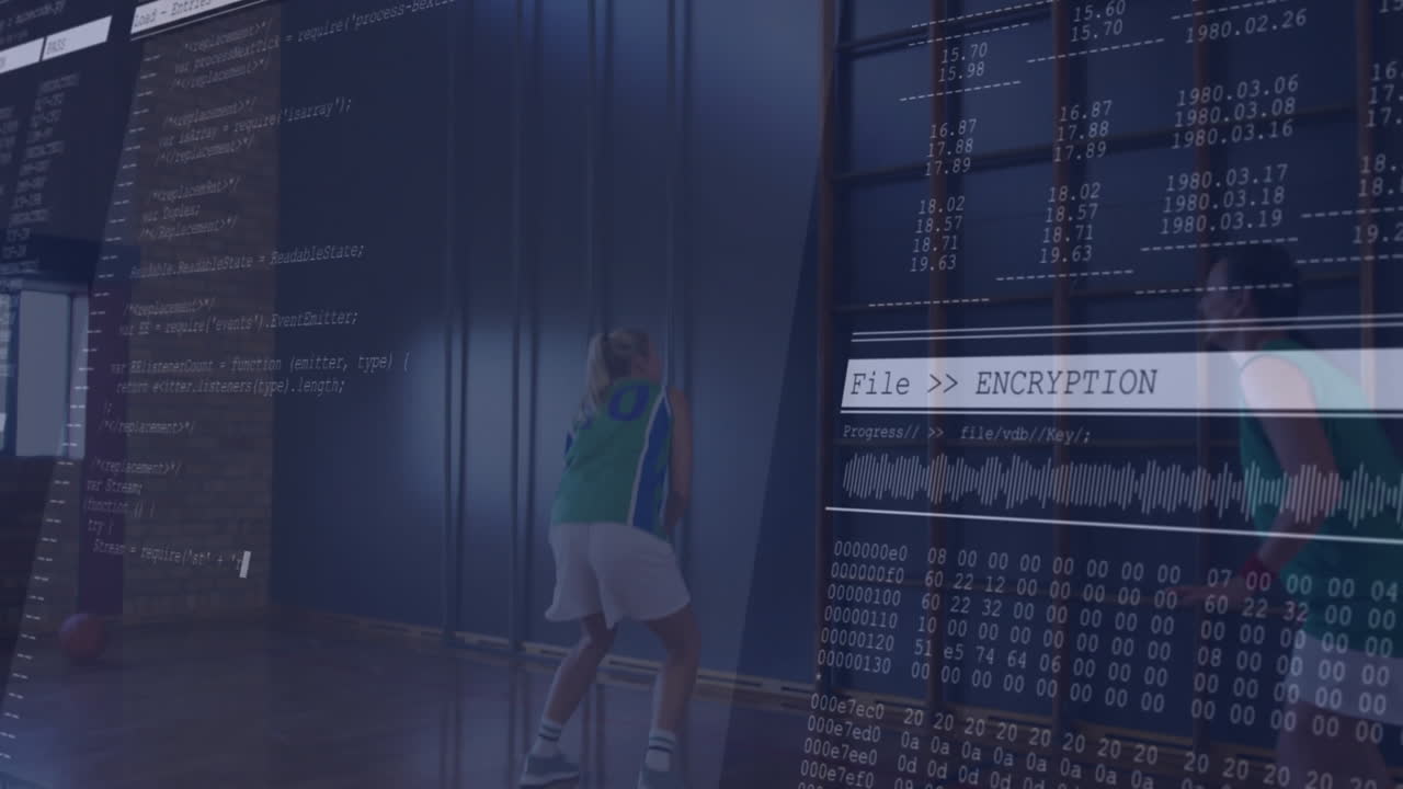 Female basketball player dribbling in gym, showing encryption code and digital UI graphics