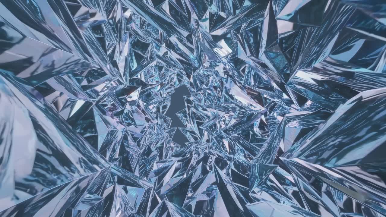 Intricate crystal formations create a stunning tunnel effect, revealing layers of reflections and textures, inviting viewers into a captivating visual experience of depth and light