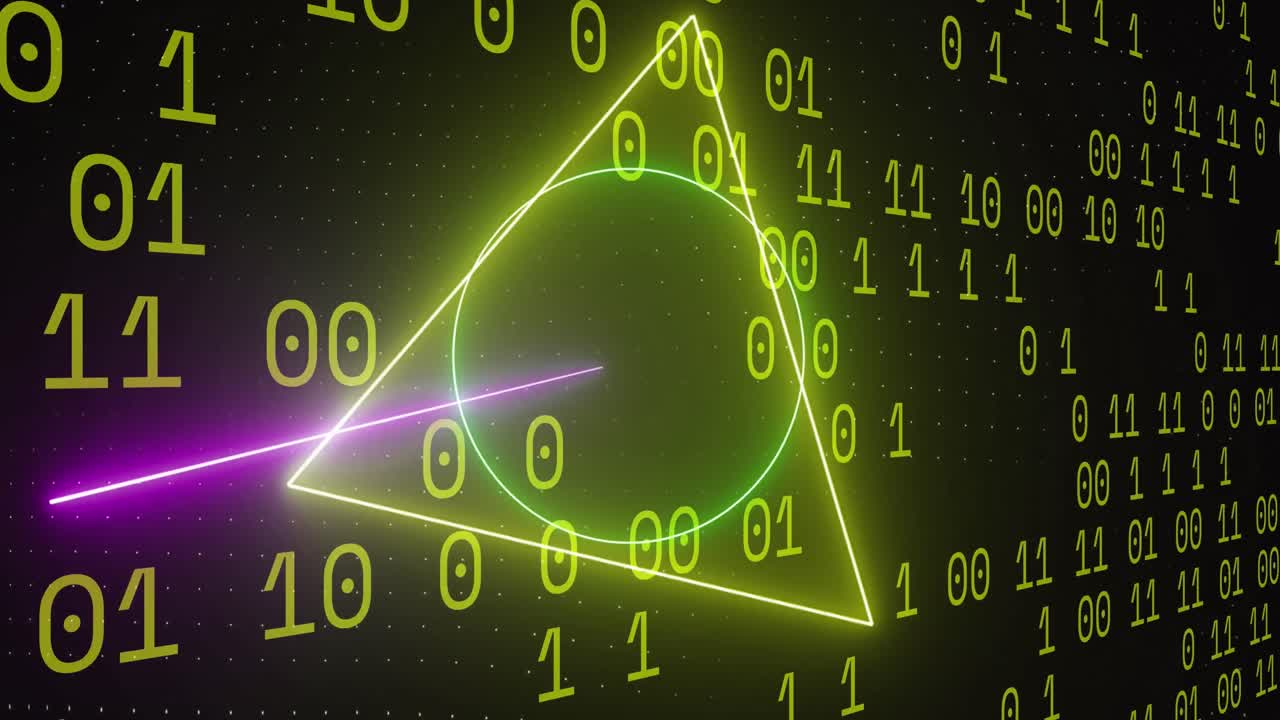 анимация обработки данных двоичного кодирования над неоновыми формами.