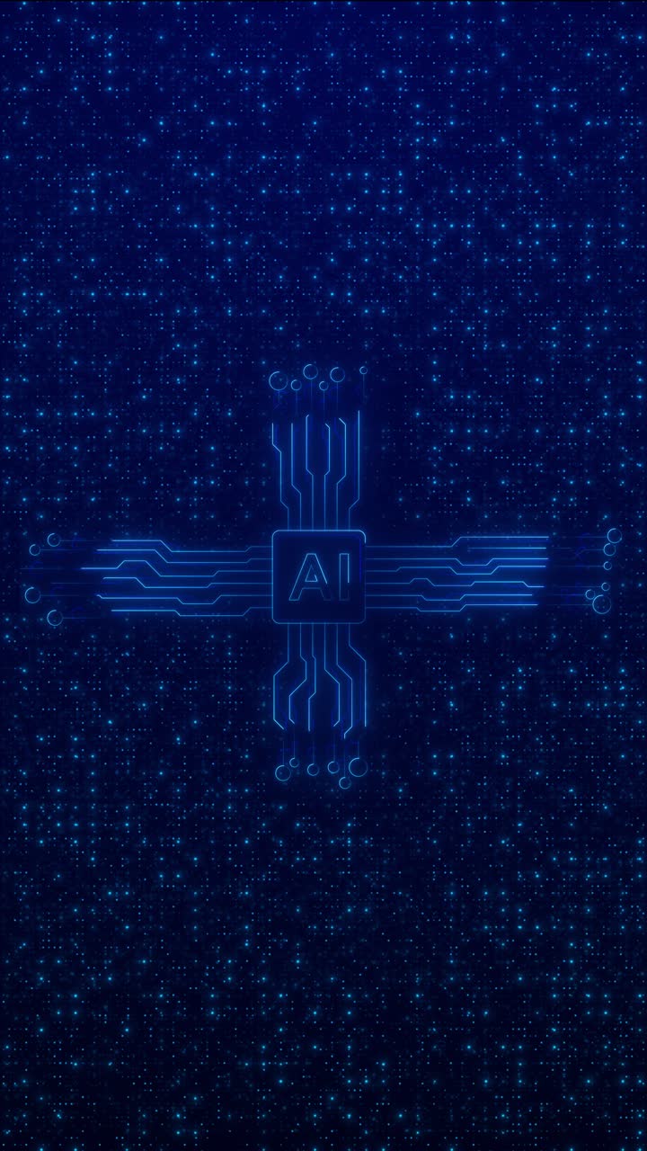 Central ai icon circuit network across glowing plexus backdrop visualizing flow of machine logic