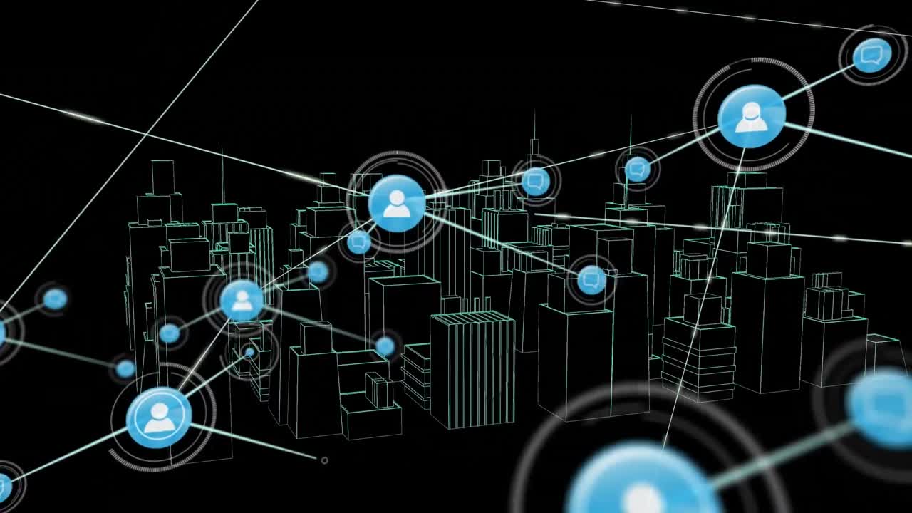 Animation of networks of connections with icons over 3d city drawing spinning on black background