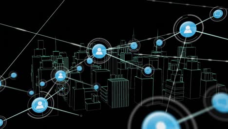 Animation-of-networks-of-connections-with-icons-over-3d-city-drawing-spinning-on-black-background