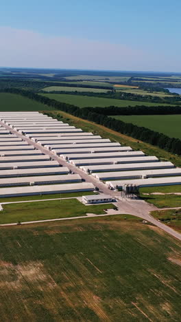 new modern farming complex located in the fields. white straight rows of farming barns. beautiful nature landscapes at the background. view from above. vertical video