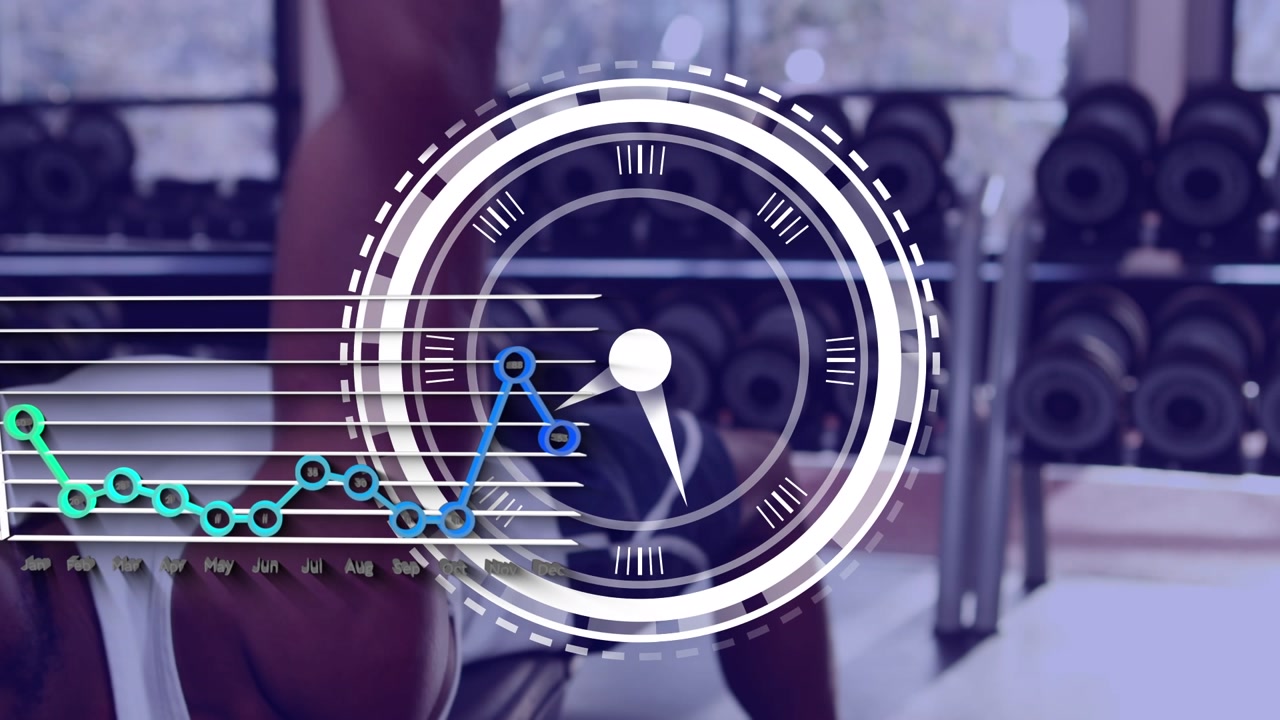 Animation of data processing over african american man exercising at gym