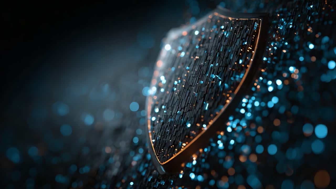 A Glimmering Shield Surrounded by Sparkling Particles, Representing Protection and Security in a Digital World Filled with Colorful Lights