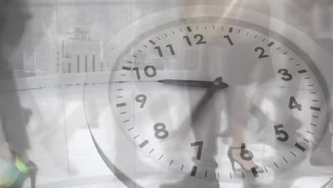 animation of ticking clock against time-lapse of businesspeople walking in the office