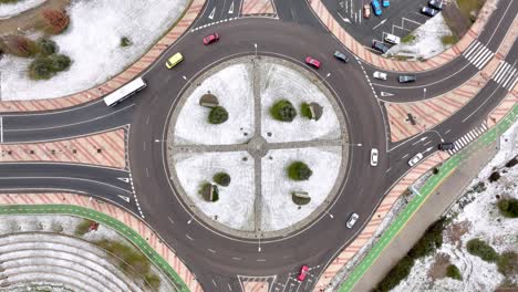 roundabout covered in snow, bird's eye view