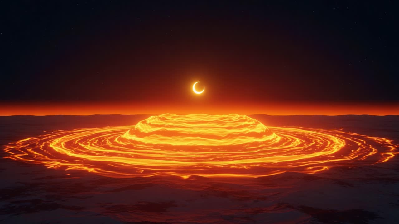 A Dramatic Display of Lava and Cosmic Imagery: Glistening Lava Flow Surrounded by Circular Patterns with a Celestial Body Illuminating the Scene