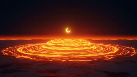 a dramatic display of lava and cosmic imagery: glistening lava flow surrounded by circular patterns with a celestial body illuminating the scene